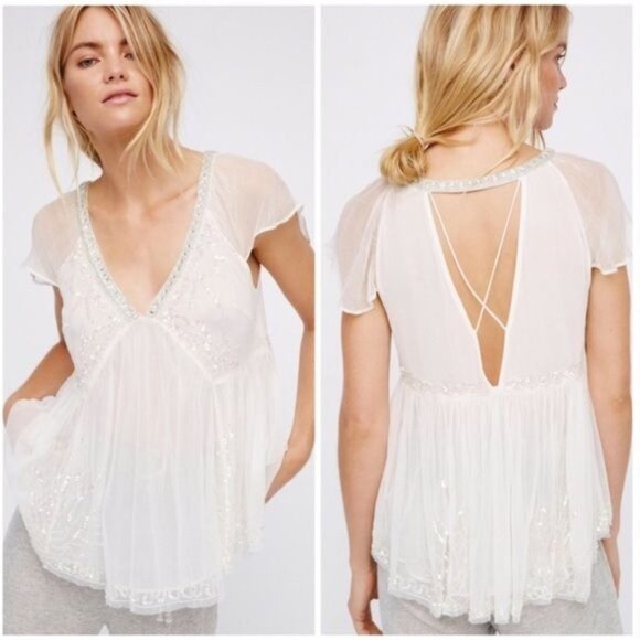 RARE NWOT Free People White Semi Sheer Beaded Babydoll Top Coquette Boho Angelic - Picture 7 of 10